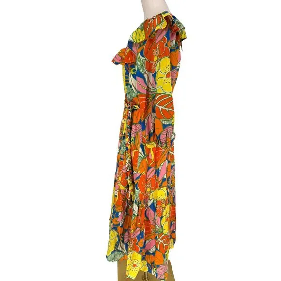 J. Crew Belted Dress Large Floral Tropical Ruffle Neck Midi Balloon Sleeve Retro - Picture 6 of 13